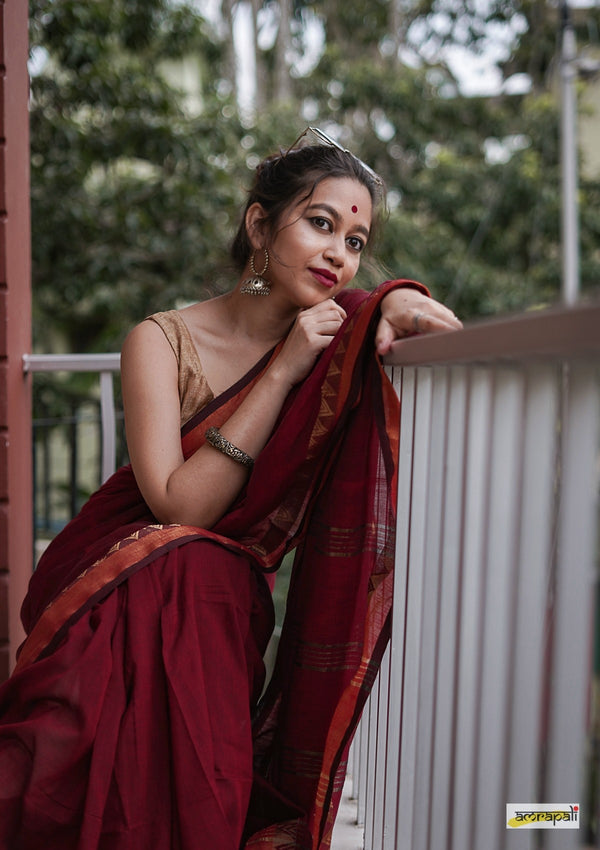 Navy Blue Linen Cotton Saree With Brocade Blouse