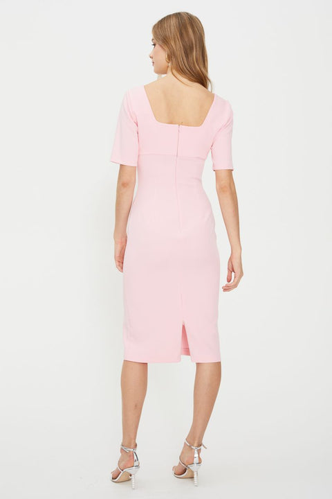 pink fitted dress with sleeves