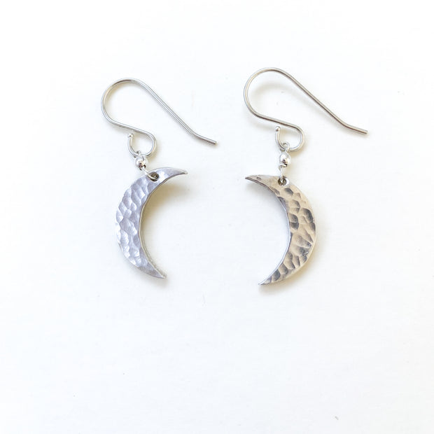 Hammered Shiny Sterling Silver Handmade Crescent Boho Hoop Statement  Earrings, Large Half Moon Shape, 1 5/8 inches, Gift for Her