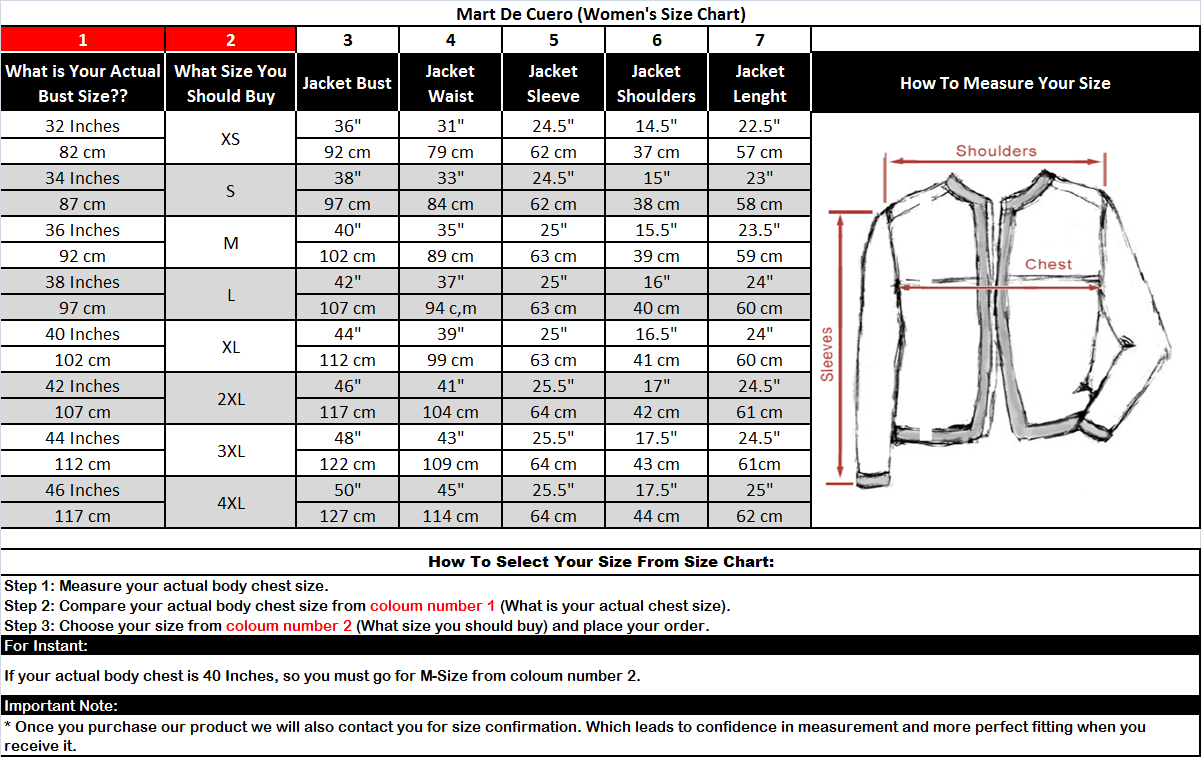 Womens Leather Jacket Size Chart