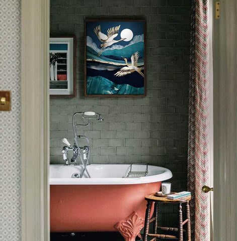 The Best Bathroom Wall Art for the Modern Man: “Midnight Cranes” by SpaceFrog Designs for Amazon Watch | Andy okay – Bathroom Art Prints for Charity