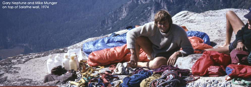 An image of Neptune Mountaineering founder Gary Neptune on top of the Salathe Wall, 1974