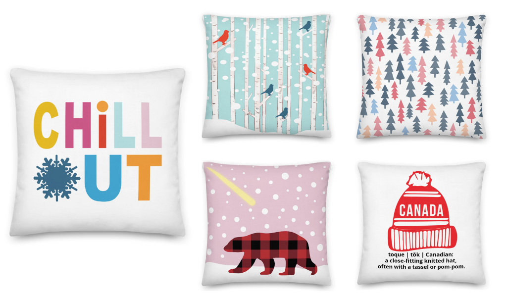 5 pillows with birds, trees, polar bear and toque