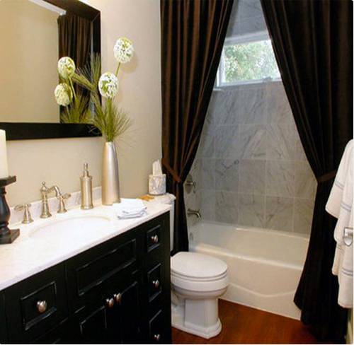 white bathroom with dark chocolate accents and two shower curtains... Beautiful Bathroom Inspiration: Contemporary Shower Curtain Ideas from Bathroom Bliss by Rotator Rod