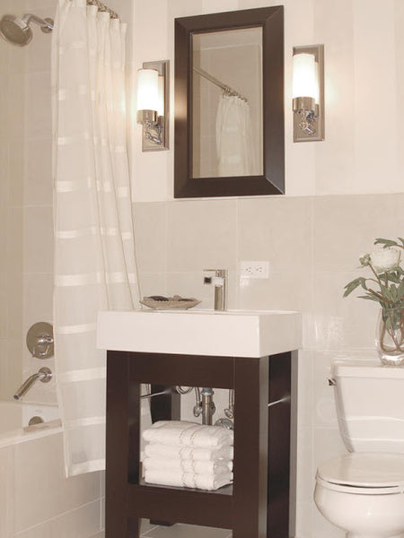 small white bathroom with shower curtain, dark wood accents... Small ...