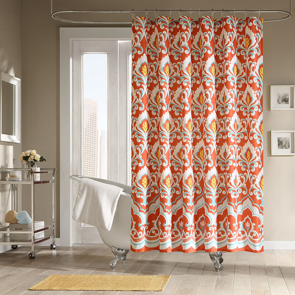 red and yellow shower curtain