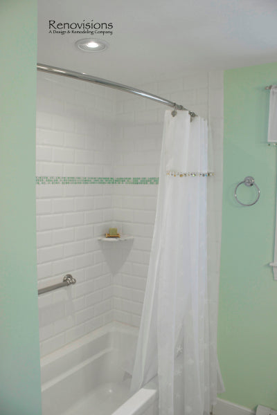 beautiful sea foam green and white shower with cut sea glass mosaics and curved shower rod... Straight Vs. Curved Shower Rods from Bathroom Bliss by Rotator Rod
