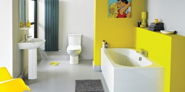 modern yellow and white bathroom with comic book art and gray and yellow accents... Trending in Bathroom Design: Yellow Bathrooms from Bathroom Bliss by Rotator Rod