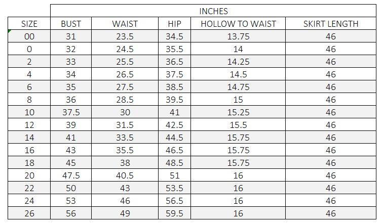 Ellie Wilde Size Chart