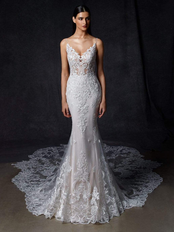 Pearl, Enzoani, Georgette Gown with Statement Lace Train