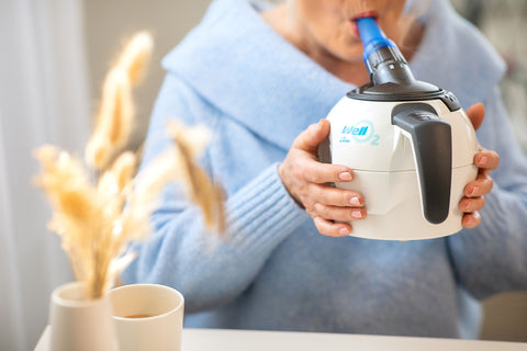 A woman using WellO2 breathing training device