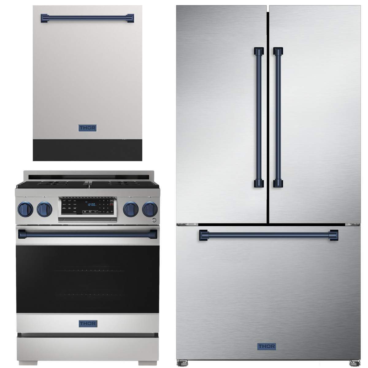Gordon Ramsay by THOR Kitchen Package - 30" Gas Range, 36" Refrigerator with Ice Maker and Dishwasher in Stainless Steel with Navy Blue Accents, AP-RSG30LP-BLU-2