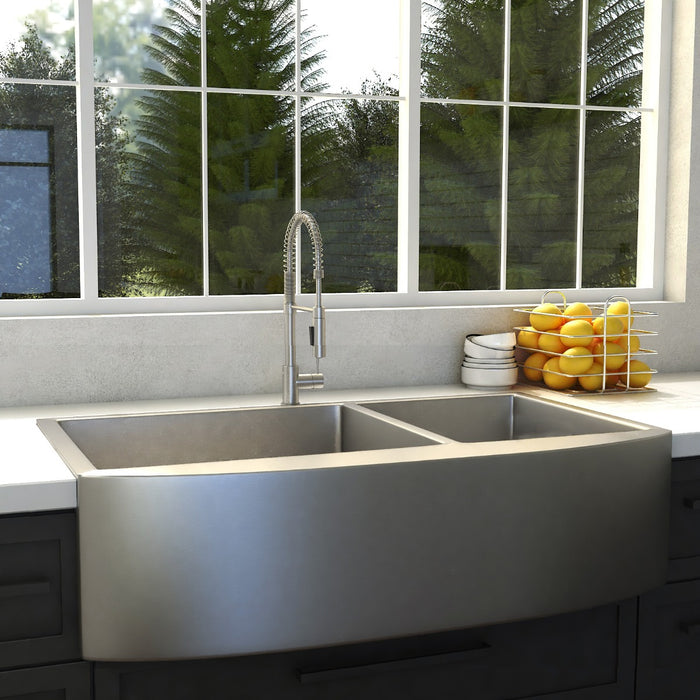 ZLINE Farmhouse Series 36 Inch Undermount Double Bowl Apron Sink In St   Zline Stainless Steel Sink Sa60d 36 Lifestyle Angle 350x350@2x 