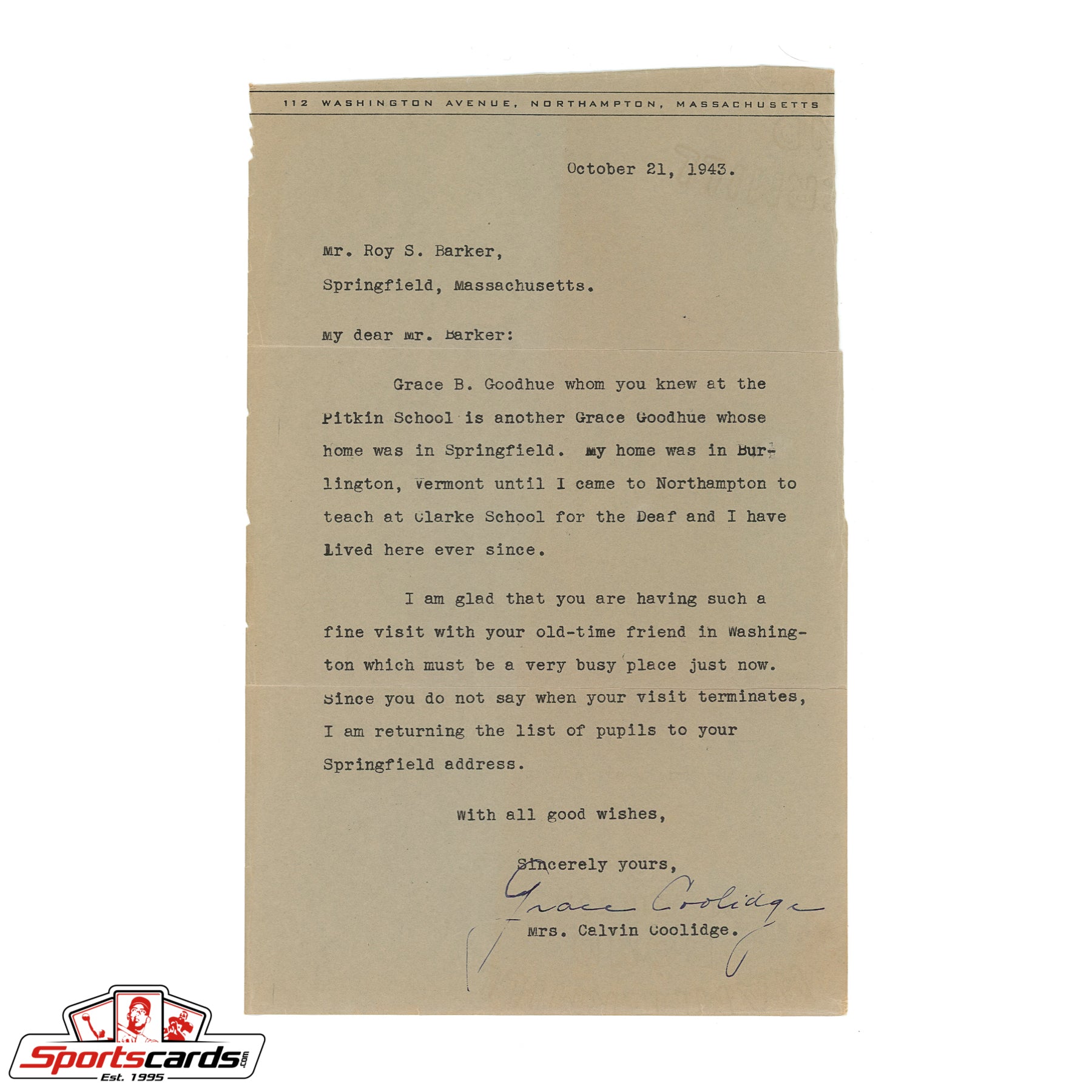 First Lady Grace Coolidge Signed Typed Letter Beckett BAS Authentic