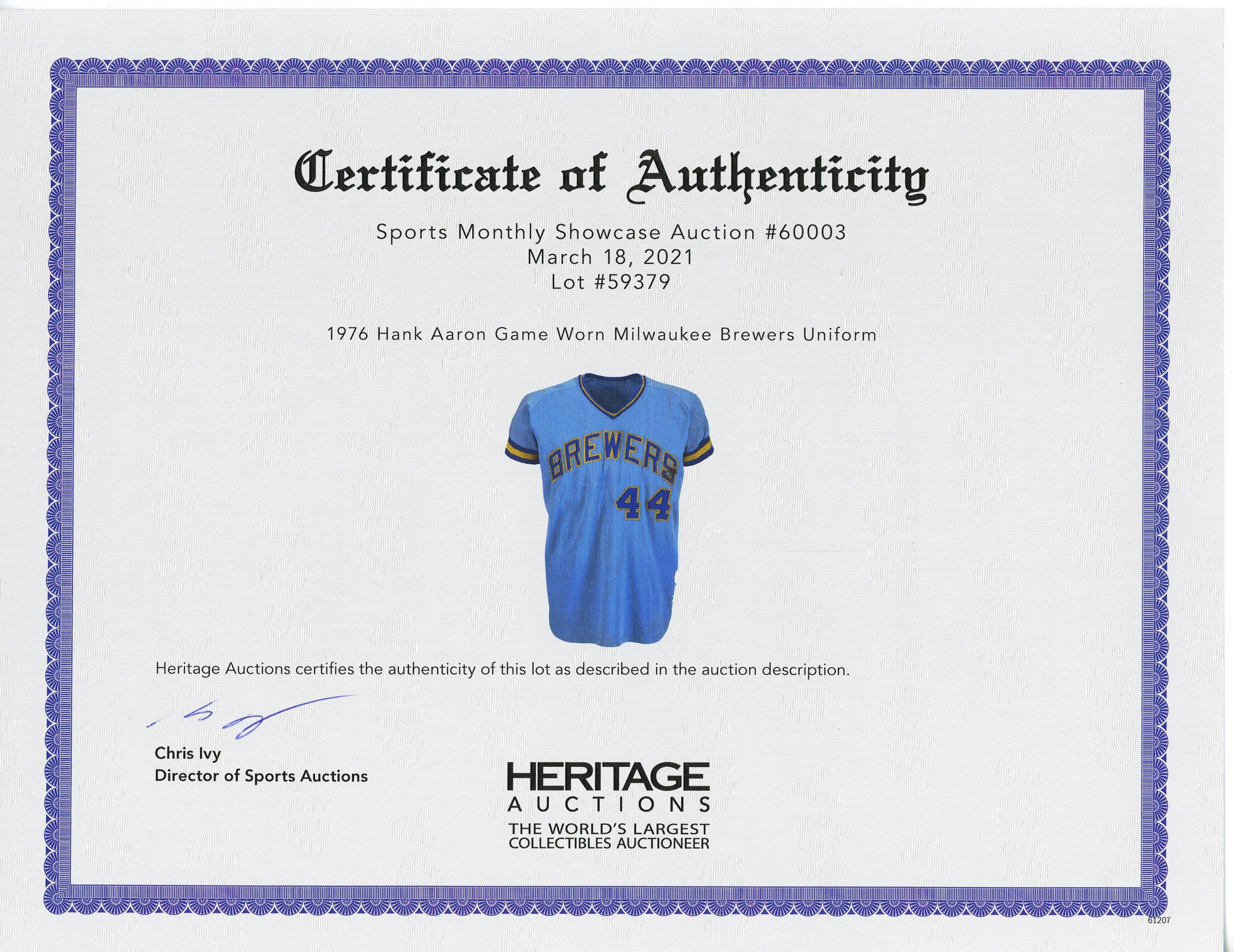 Milwaukee Brewers Jersey, worn by Hank Aaron
