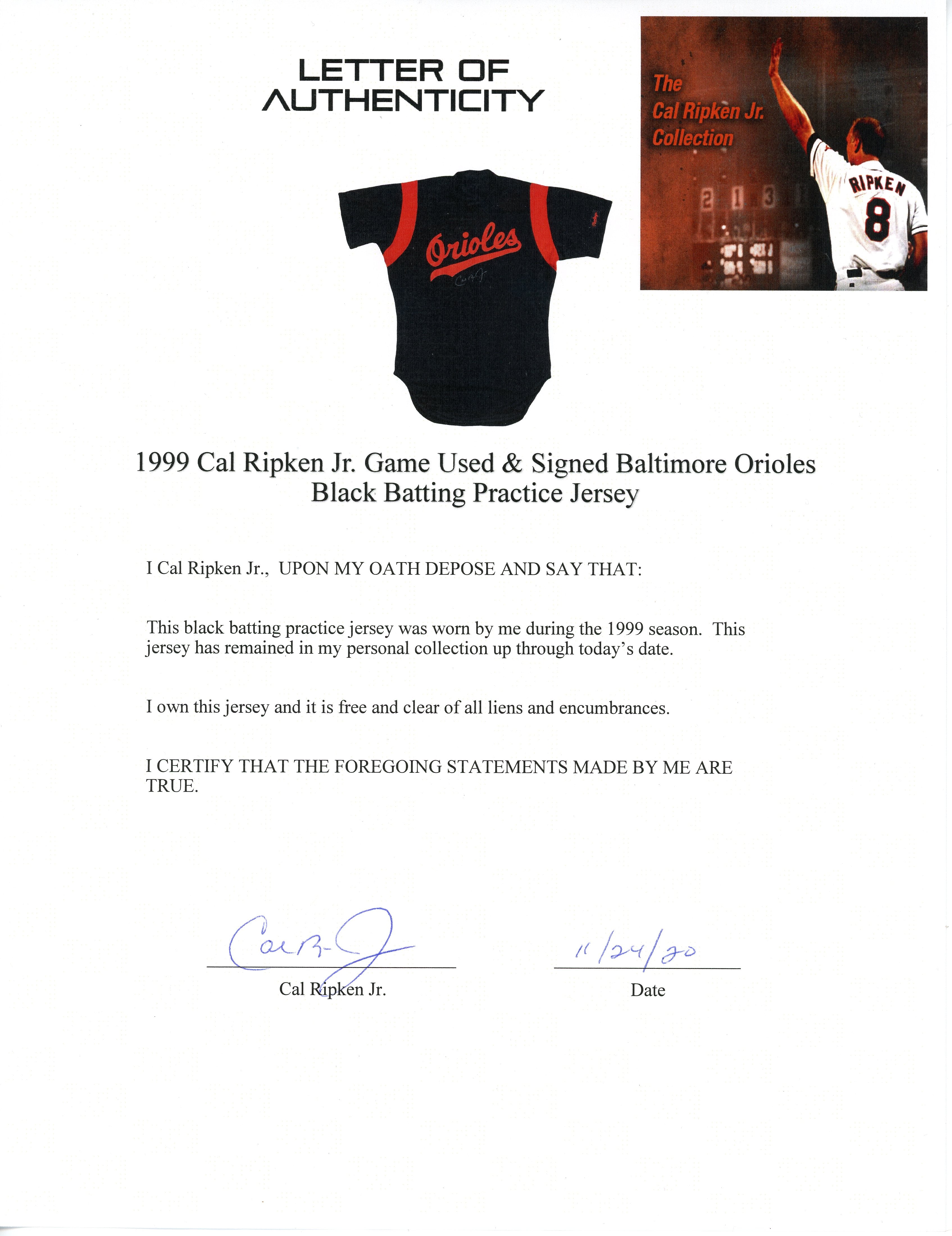 CAL RIPKEN JR 1999 ORIOLES GAME-WORN BP JERSEY MYSTERY SWATCH BOX!