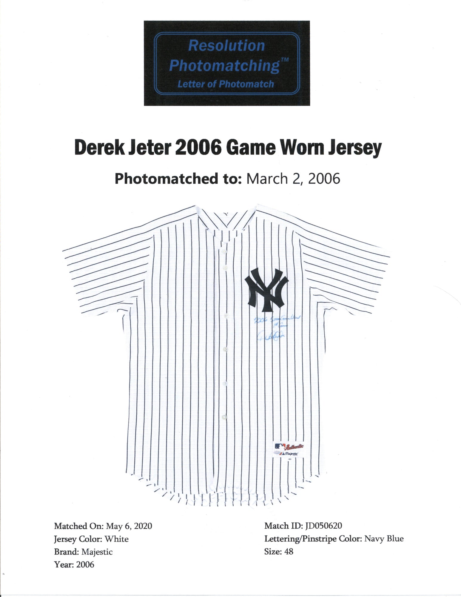 Derek Jeter 2006 Game Worn Jersey 