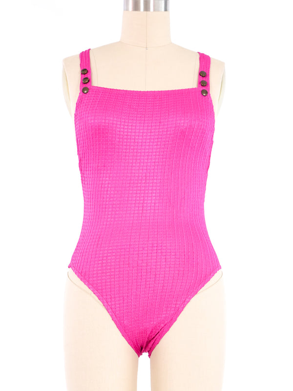 1980s Black And Pink Striped High Cut Bodysuit