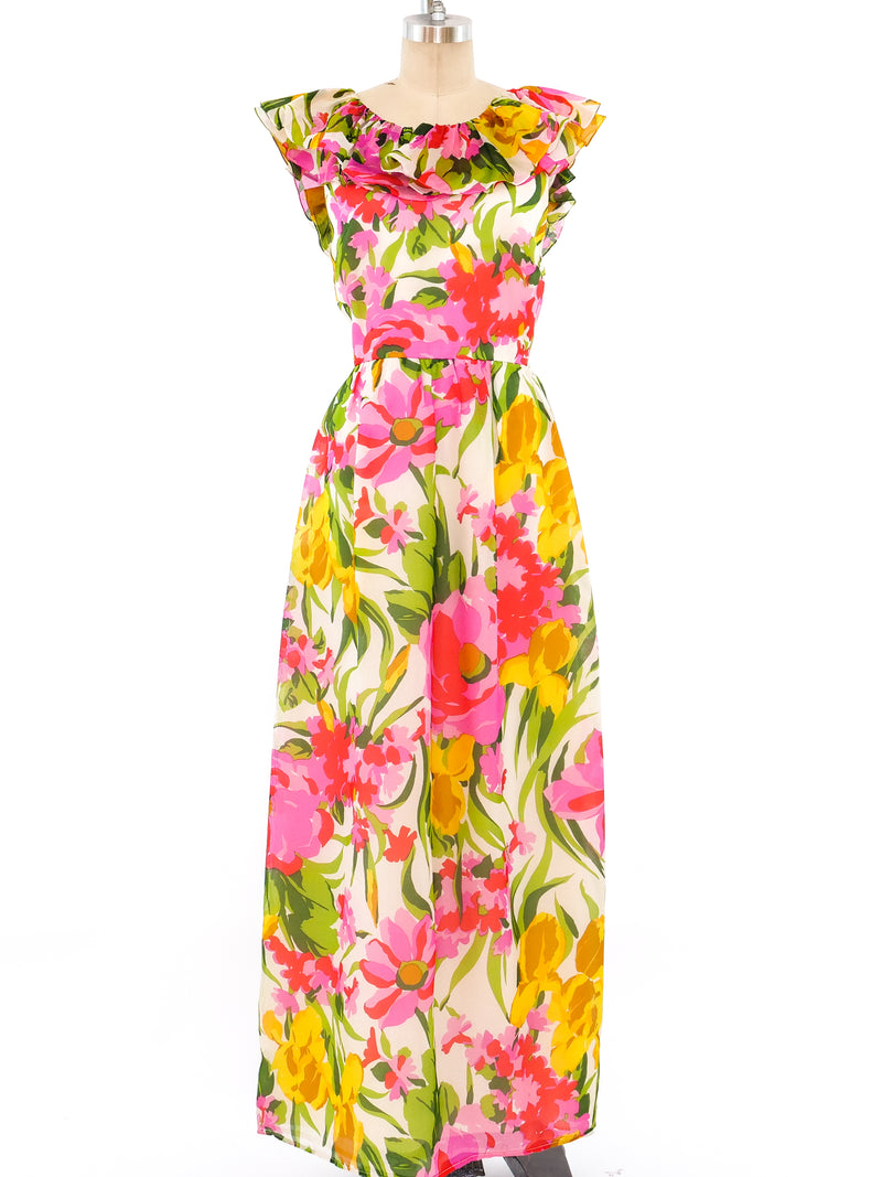 Floral Printed Organza Ruffle Dress