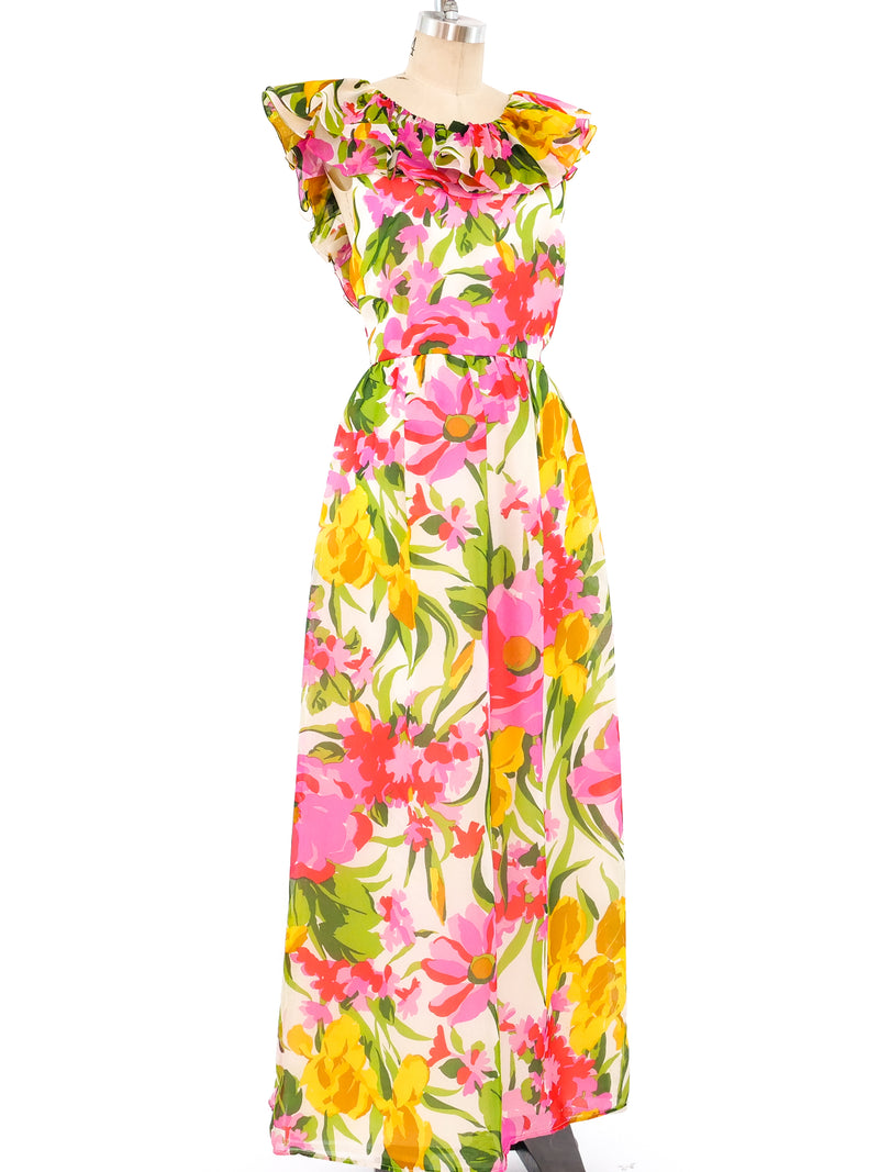 Floral Printed Organza Ruffle Dress
