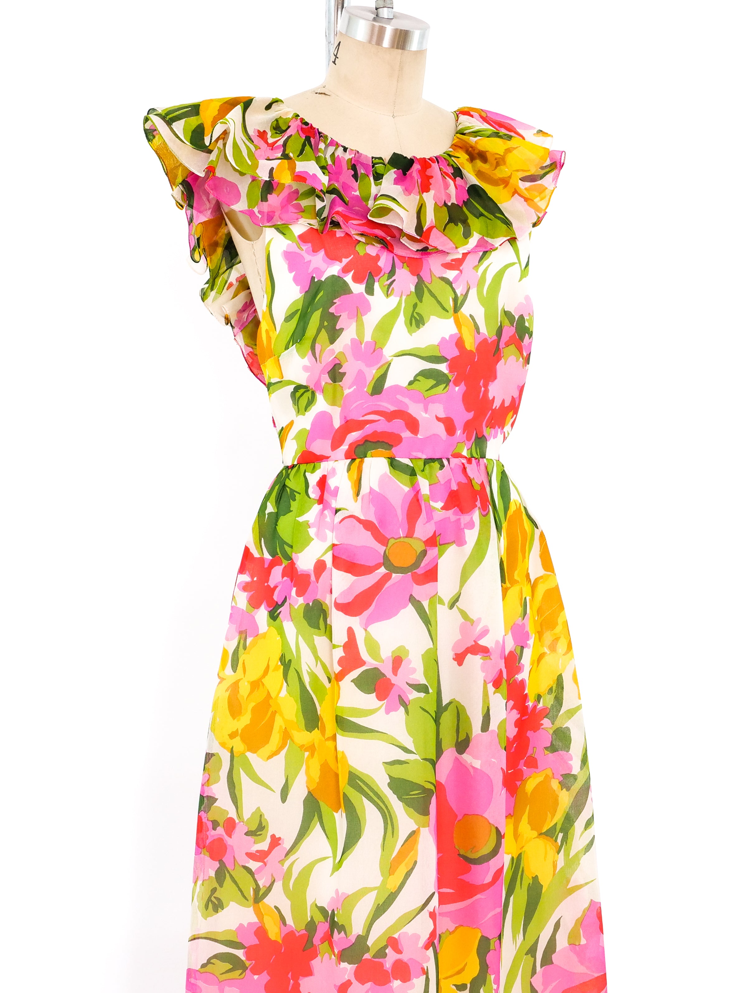 Floral Printed Organza Ruffle Dress