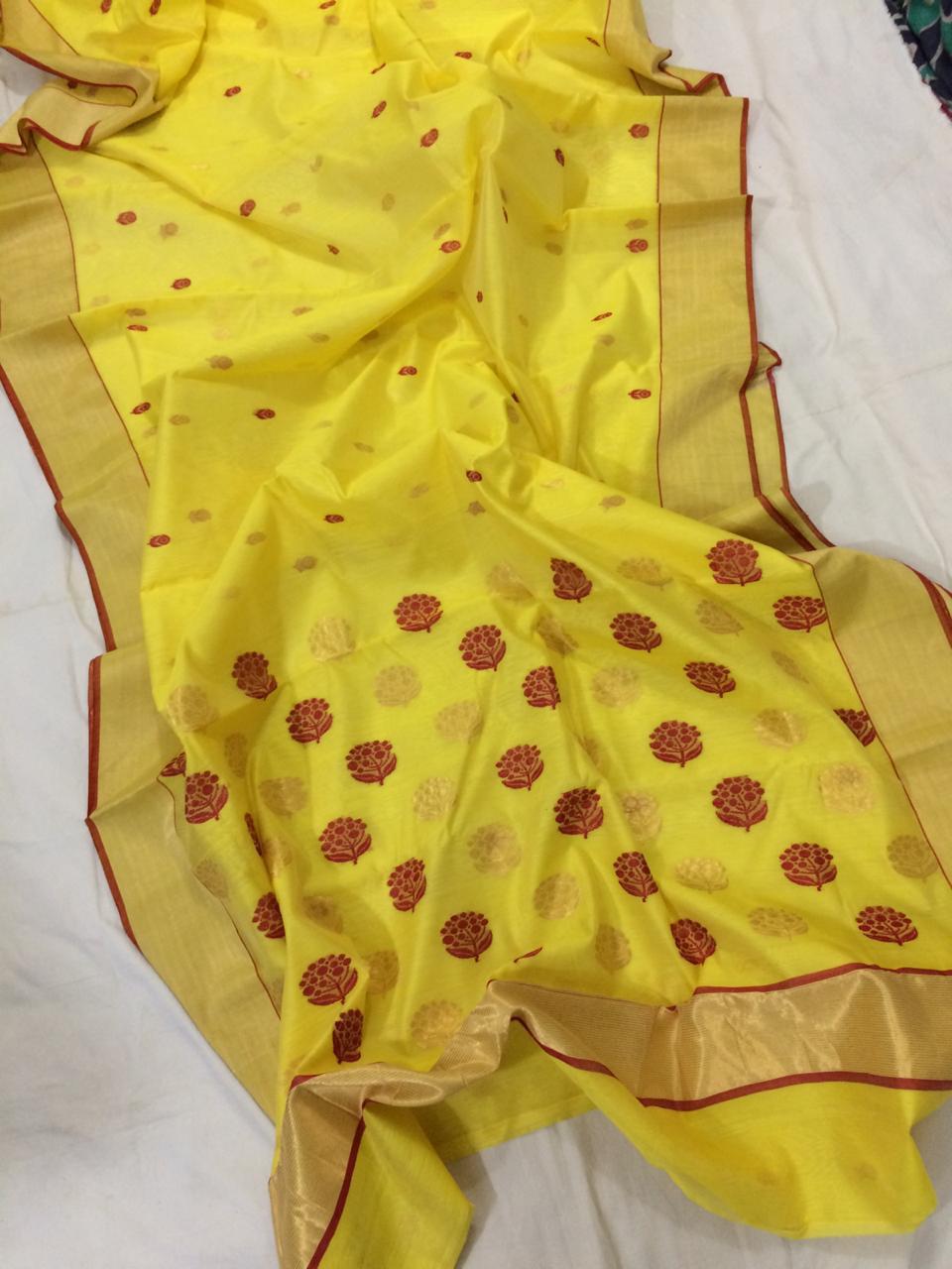 YELLOW CHANDERI SILK COTTON SAREE WITH RED FLOWER DESIGNS AND RED PIPI ...