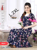 NEW IMPORTED DEEP BLUE PRINTED  RAYON COTTON NIGHTY WITH PINK FRILLS FOR WOMEN -SANNW002DBP