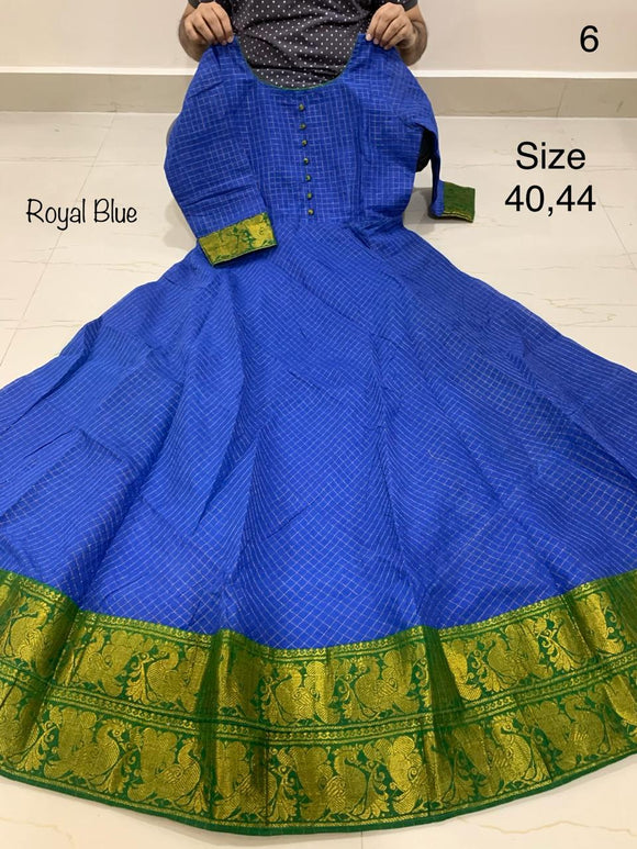 INDIGO BLUE AND GREEN    , Madurai Sungudi All over Zari checks Fabric Long Gown /Kurti  with Zari Borders With Lining-SADSSKW001