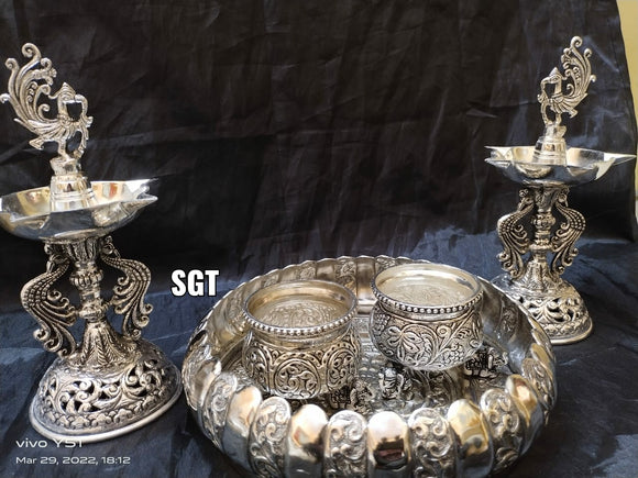 Indian German Silver Pooja Thali Set, Diya Aarti Plate, Haldi Kumkum ...