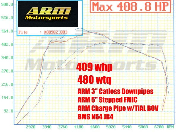 N54 DYNO RESULTS WITH DOWNPIPES FMIC CHARGE PIPE