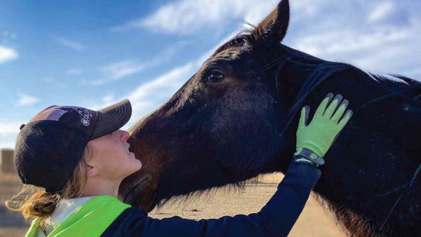 blonde woman grooming dark bay horse outside using Hands On Gloves, horse riding brushes, brushes for horses and their uses