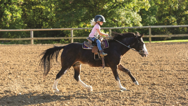 young girl wearing children's riding helmet and black pony canter