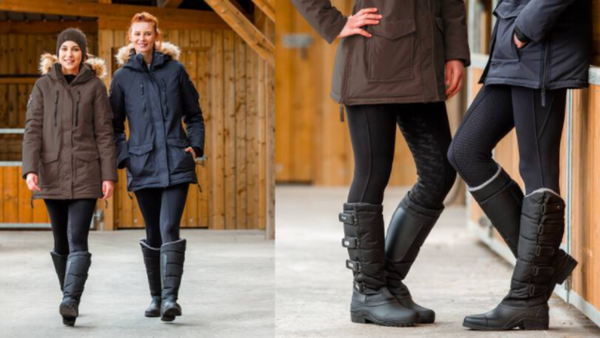 Equestrian black friday sales on footwear, riders walking down aisle wearing tempest boots