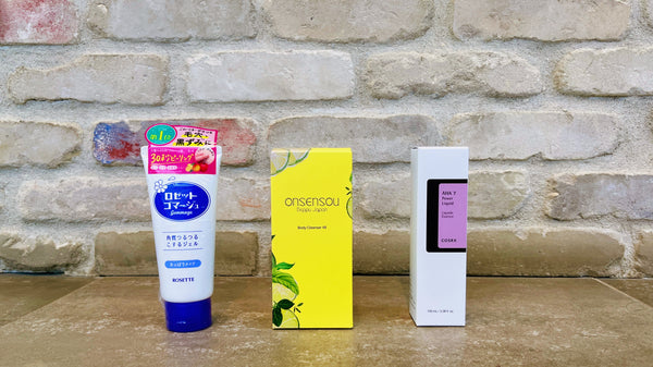 Asian beauty products: Rosette Gommage, Onsensou Kabosu Body Cleanser, and COSRX AHA Power Liquid