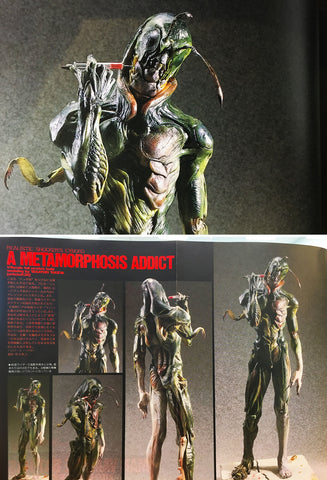 “Metamorphosis Addict” by Takeya from Hobby Japan March, 1992. Grasshopper man who transforms repeatedly. “Bad guys made me a cyborg. Fortunately I could escape, but I became addicted to transformation because of the excessive amounts of drugs they used on me. A couple of injections would not be enough to complete my transformation.”