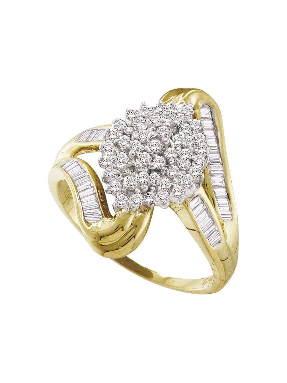 10kt Yellow Gold Womens Round Diamond Cluster Swirl Shank Baguette Ring 1/2 Cttw