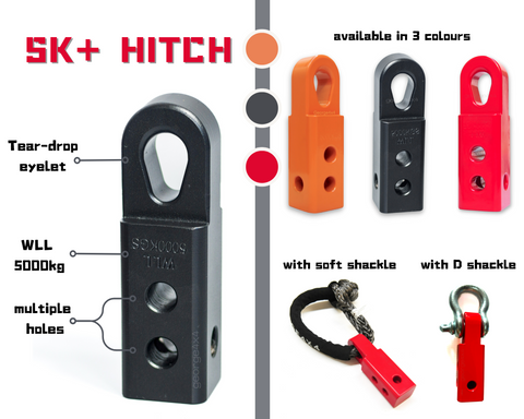 This soft shackle hitch has a teardrop-shaped eyelet that's suitable for big-sized soft shackles. 50mm*50mm*170mm  WLL 5000kg, Minimum Breaking test: 20000kg Hitch's holes are designed with smooth and round edges, friendly and designed for Soft Shackle Large eyelet Multiple holes are designed to connect vertically and horizontally Can connect directly with soft shackles and D shackles Orange/Red/Black coating Tested by NATA-accredited lab