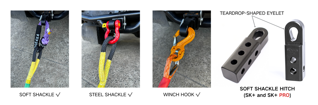 soft shackle hitch aka SK+ hitch can easily connect soft shackle, steel shackle and winch hook