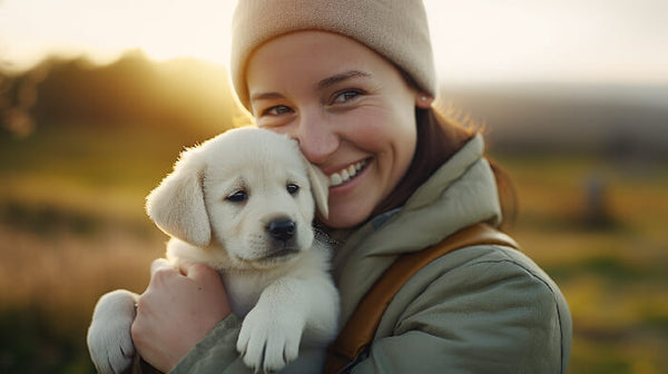 A_woman_holds_a_white_Labrador_puppy