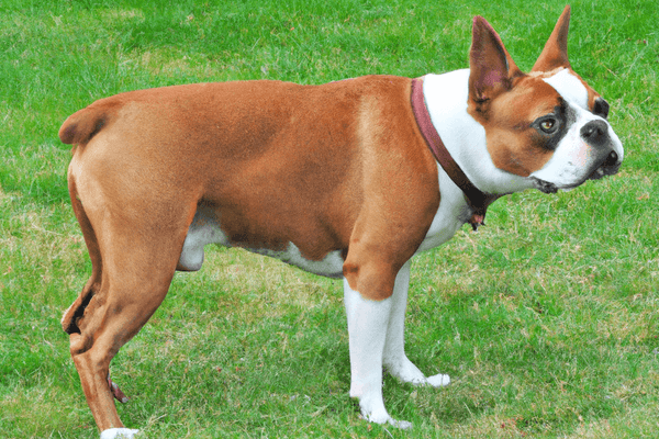 Red boston terrier on the lawn