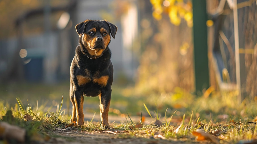 Pug Rottweiler Mix standing on the lawn