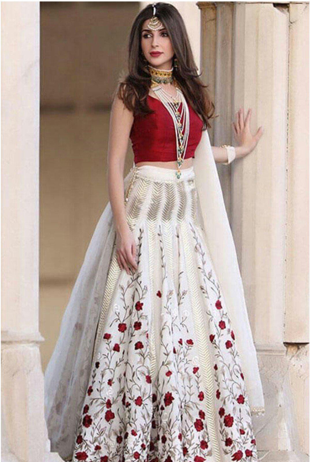 Attractive White And Red Colored Wedding Wear Embroidered Lehenga