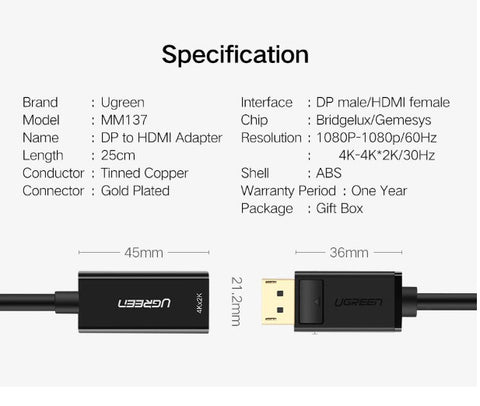 UGREEN DisplayPort to HDMI Adapter 4K 60Hz DP Male to HDMI Female