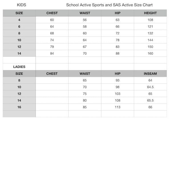 Size chart | School Active Sports