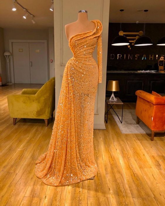 Orange Prom Dress 2023 One-shoulder Sequin Draping – AnnaCustomDress