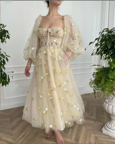 Sweetheart Embroidery Tea-Length Tulle Puff Sleeves Floral Corset