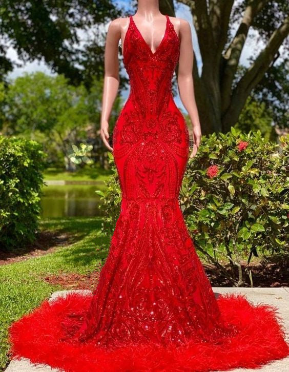 Red Prom Dress 2023 Mermaid/Trumpet V Neck Spaghetti Straps Sequin wit –  AnnaCustomDress