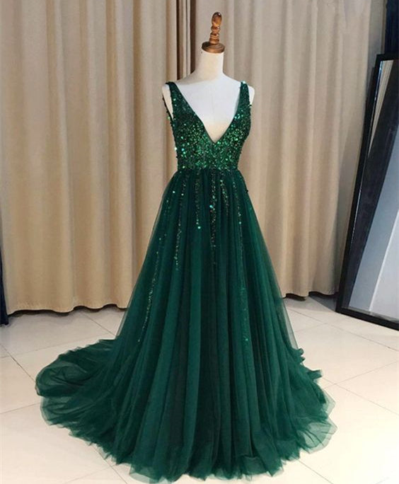 Emerald Green Prom Dress 2021 Sequin Tulle Maxi Evening Dress ...