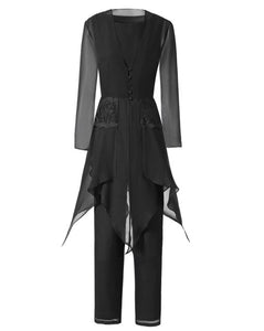 Asymmetrical Women Chiffon Lace 3 Pieces Mother of the Bride Dress With Jacket Pant Suits with Long Sleeves Outfit