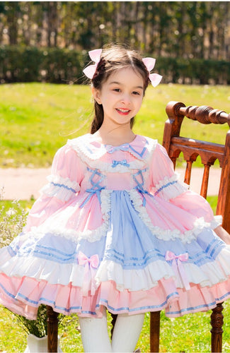 Girls Lolita Dress for Kids Sweet Love Blue&Pink Lace Jewel Neck Long Sleeves with Bow(s)